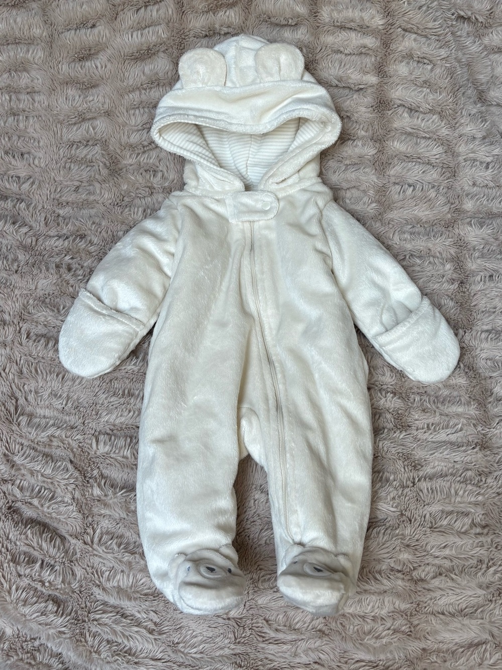 Carter's Cream Plush Hooded Baby One-Piece with Bear Ears